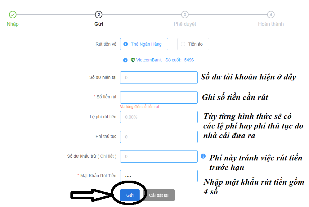 Cập nhật và điền đẩy đủ thông tin rút tiền VG99